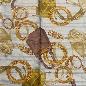 Trussardi Silk Scarf with Gold Chain & Bag Motif - Yellow, Brown, Cream